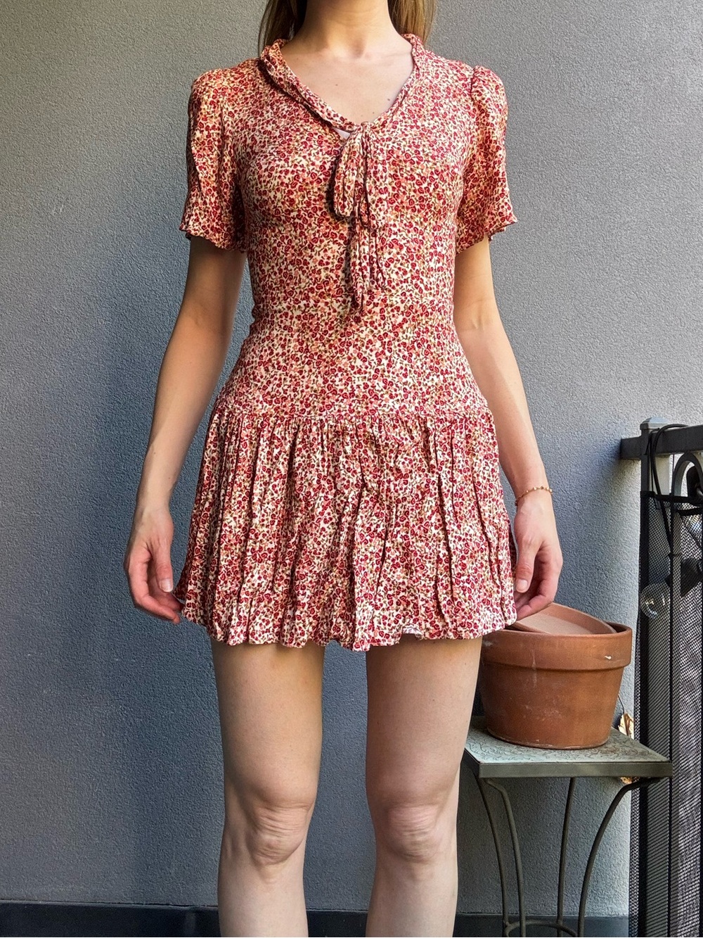 Reformation Red Floral Tie-Neck Mini Dress -Size 0